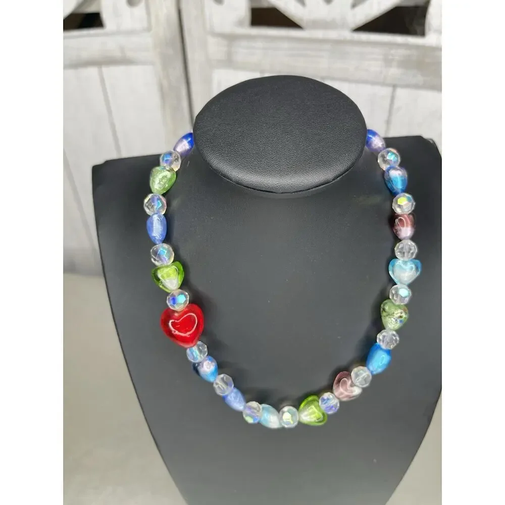 Vintage Heart Art Glass Necklace Statement Colorful Beads Blue Green